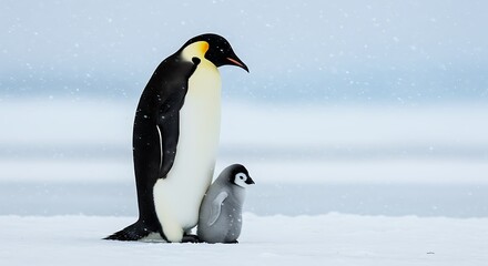 Obraz premium A touching wildlife portrait of a majestic adult Emperor Penguin standing protectively beside its small, fluffy chick in the vast, snowy landscape of Antarctica. 