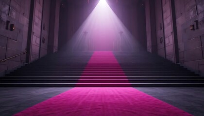 Grand entrance with opulent stairway and magenta carpet under light beams
