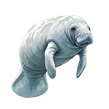 Watercolor manatee illustration aquatic mammal sea cow marine animal gentle giant ocean life wildlife art on transparent background