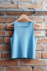 A light blue sleeveless crop top mockup hanging on a wooden hanger against a rustic brick wall. The fabric has a smooth texture, ideal for casual wear or sports activities.
