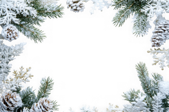 Snow covered pine branches frame isolated on transparent background