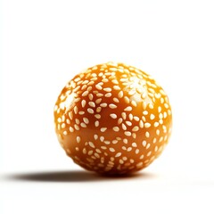 A glossy sphere coated with sesame seeds against a white background.