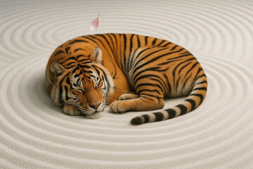A tiger sleeps peacefully in the center of a raked Zen garden, as a single pink petal drifts gently down - Generative AI