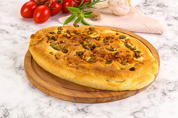 Homemade ciabatta bread with olives