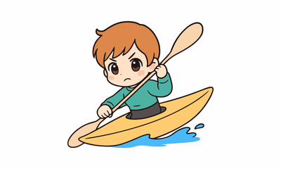 Naklejka premium cute man kayaker character kayaking, riding and paddling boat canoe in sea waves cartoon illustration