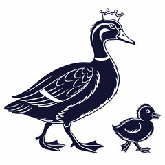 Stylized silhouette of a crowned duck and duckling walking together, black vector illustration on white background ,ai generator
