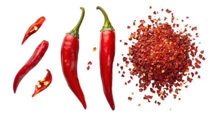 red hot chili peppers and chili powder on white background