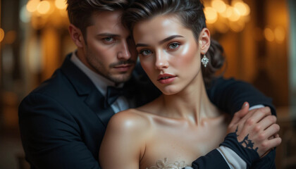 Elegant Couple Embracing in Formal Attire with Glamorous Lighting