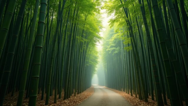 Bamboo Forest Path: Serene Green Tunnel for Tranquility, Nature, and Asian Culture - Powered by Adobe