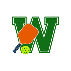 Pickleball paddle and ball with varsity W, Orange pickleball paddle and neon yellow ball with red and dark holes displayed in front of a bold varsity-style green letter W on light background.


