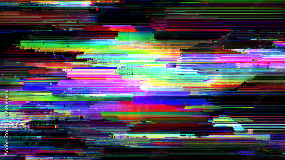 Fototapete abstract multicolored horizontal lines and shapes forming a glitch effect on a dark background