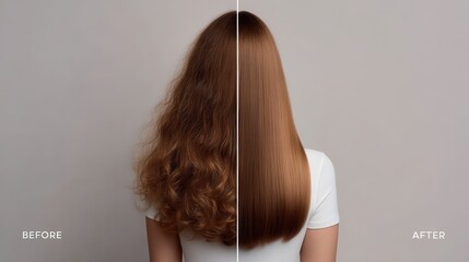 Side-by-side comparison of a brunette woman’s hair before and after straightening treatment, showing frizzy texture on the left and smooth, shiny hair on the right under neutral lighting