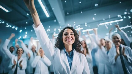 Victory in Science: A scientist, at the forefront of an exuberant group, celebrates a scientific breakthrough with joyous gestures and collective elation.