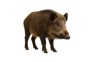 wild boar isolated on white background, transparent, clipping path, High resolution image of a wild pig standing alert, showcasing natural fur texture and details. hunting-related content