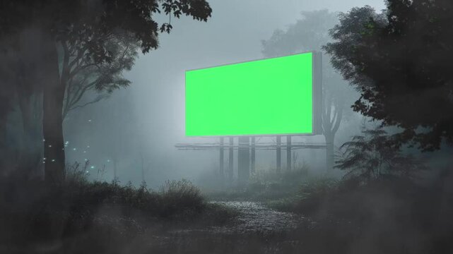 front view green screen billboard on the forest with mist and fog, landscape view, horror scenery, animation looping video background