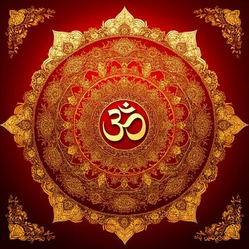 Golden Om Symbol in Ornate Mandala on Red Background &ndash; Spiritual Hindu Art
A visually stunning artwork of the sacred Om (ॐ) symbol at the center of an intricate golden mandala on a rich red background