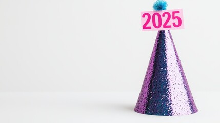 New Year's Eve party cone hat with a sign displaying the year 2025, with space for text. A festive symbol for the upcoming new year.