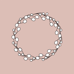 Beautiful elegant frame with white flowers on  beige background. Romantic floral arrangement. Round frame. Flat design. One icon isolated on  beige background.