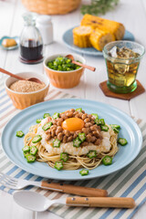 【納豆と山芋の冷製パスタ】しっかり冷やした麺をスタミナ満点の納豆・山芋・オクラで楽しむ冷製パスタです。