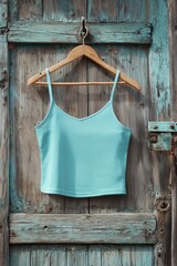 A light blue tank top mockup hanging on a wooden hanger against a rustic, weathered wooden door with peeling paint.