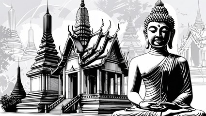 Thailand Landmarks. Travel and Tourism background. Vector background. Line illustration. Temple and Buddha Must-Have Image SEO key - 1