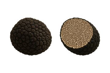 Whole and sliced truffles isolated on transparent background. Gourmet black truffle mushrooms, ideal for culinary, fine dining, and luxury food concepts, half