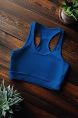 A blue sports bra mockup laid flat on a wooden surface, surrounded by green plants. The fabric appears smooth and stretchy, ideal for athletic wear.