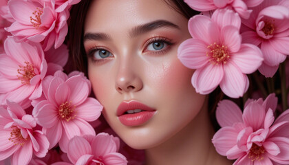 Naklejka premium Woman Surrounded by Pink Flowers Creates Serene Beauty Portrait with Floral Frame