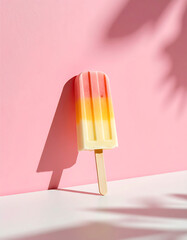 Colorful popsicle with pink, yellow, and white layers stands upright against a pastel pink background, casting a soft shadow