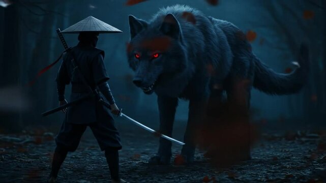 Ninja warrior versus dark wolf fantasy scene