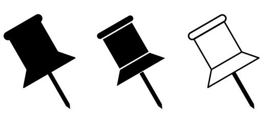 Set of three vector push pin icon, including out line, solid, and bold styles. perfect for office, stationery or UI design themes. clean and minimal graphic elements. icons and vector.