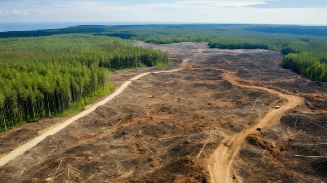 Deforestation Impact: An aerial perspective unveils the stark reality of deforestation, with clear-cut land contrasting sharply against the lush, untouched forest, conveying the environmental impact.