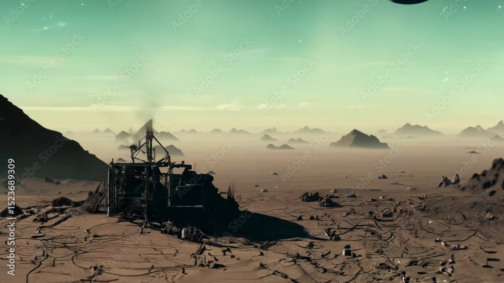 Poster retro-futuristic alien landscape featuring a distant planet and moons above a barren terrain with ro