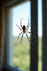 Obraz premium A colorful spider with bright markings stands on a shiny web stretched across a window frame. The background shows a soft indoor light and blurred curtains