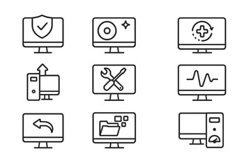 Computer icon set for security and maintenance on dark background