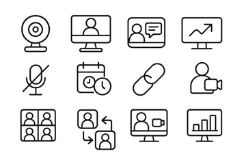 Video conferencing icons set for online meetings and communication tools