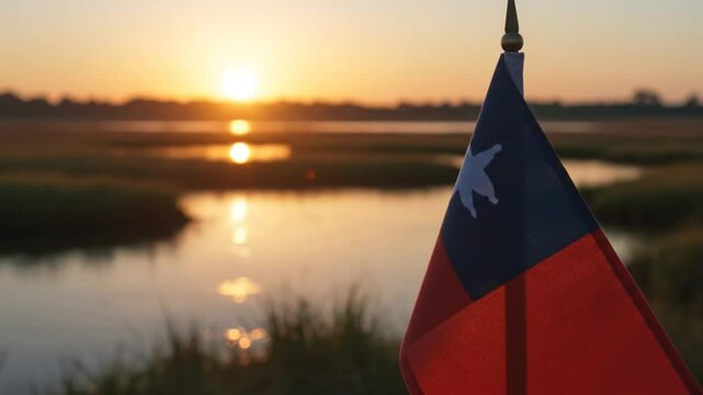 Taiwan Flag at Sunrise Over Calm Water