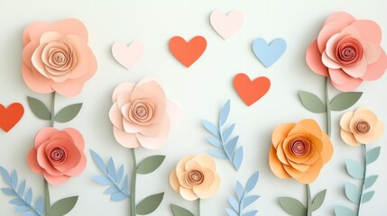 Fototapeta premium Elegant paper art design featuring colorful roses with intricate details, layered symmetry, and heart-shaped accents, showcasing depth and texture.