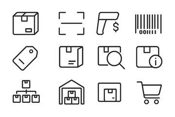 Warehouse icons: boxes, barcode scanner, cart, warehouse, tag, inventory, barcode