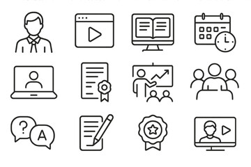 Online education icons: learning, certification, video, computer, calendar