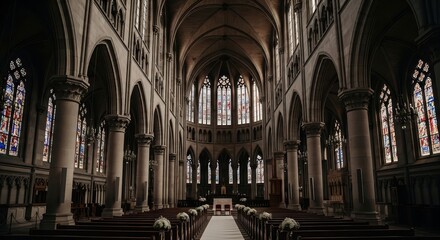 Fototapeta premium Church Interior View with Stained Glass and Columns