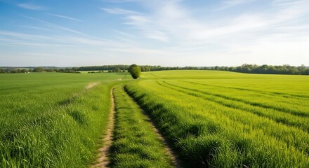 Fototapeta premium Green Field with Dirt Path and Blue Sky