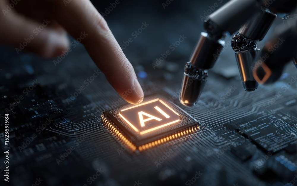 Poster touching the future of technology as artificial intelligence is engaged with a microchip in a high-t