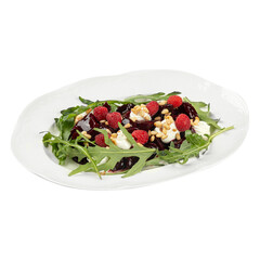 isolated Portion of beet salad with cheese and arugula