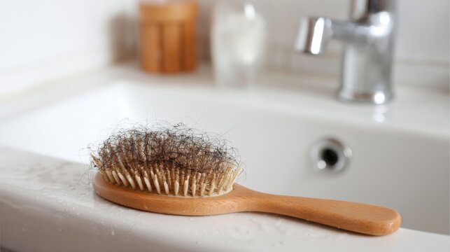 Hairbrush with fallen hair resting on sink's edge in a bathroom during daylight