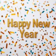 Happy New Year, Golden Letters on Scattered Confetti