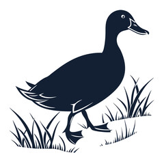 Silhouette of a duck standing on grass near reeds, black and white vector illustration of waterfowl in nature, ai generator

