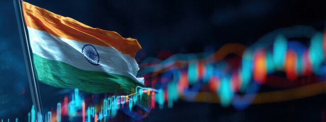 Indian national flag waving amidst colorful data graphs representing economic growth and trends in a digital landscape