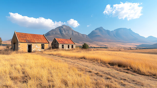 Derelict farmhouses in golden field under a clear blue sky with mountain views background on a sunny day