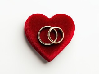Two golden wedding rings nestled in a heart-shaped red velvet box.  A symbol of love and commitment.